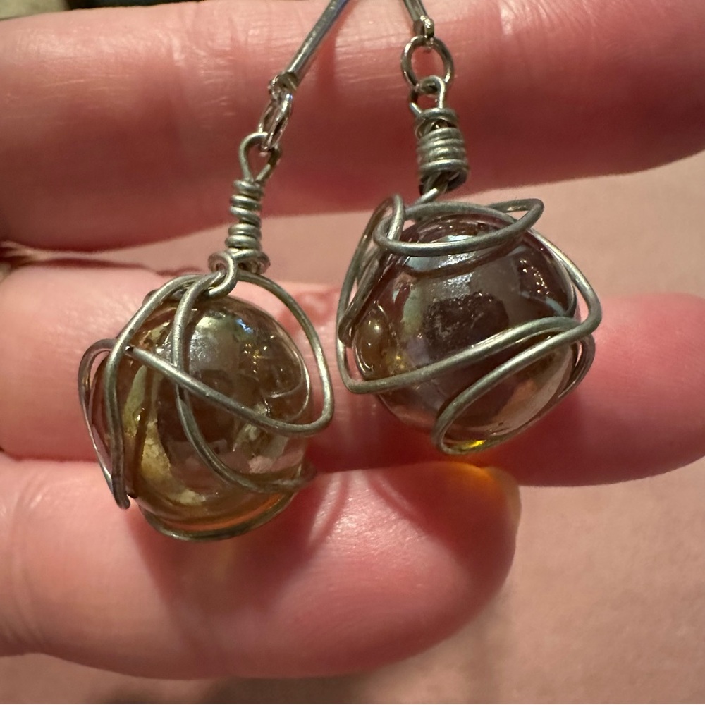 Silver toned dangling earrings with wire wrapped marbles. LAST CHANCE - Picture 5 of 5